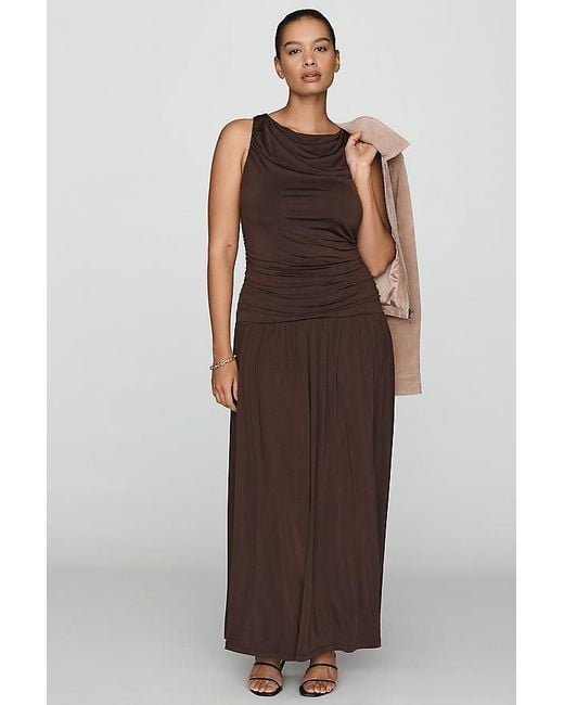 By Anthropologie Brown Sleeveless Boat-Neck Drop-Waist Maxi Dress