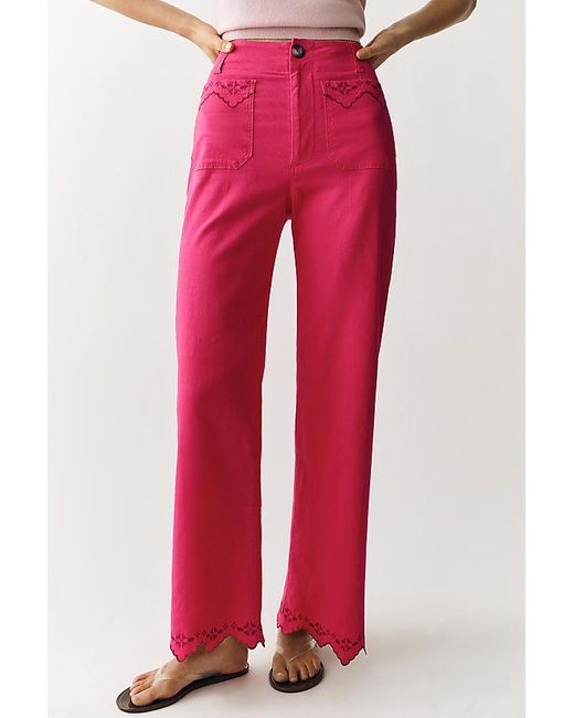 Maeve Red The Colette Lace Trim Full-Length Wide-Leg Trousers By