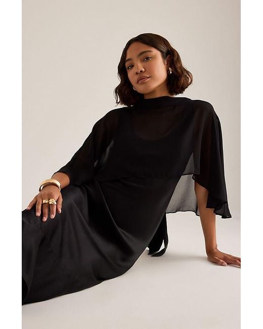By Anthropologie Black Casey Cape Overlay Satin Midi Dress