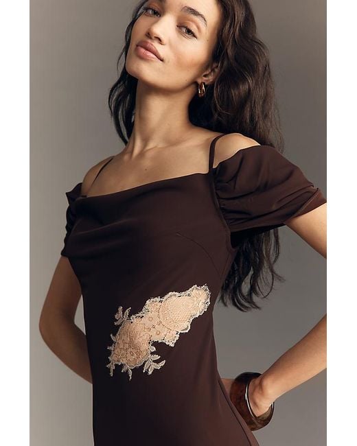 Bl-nk Black Satin Off-Shoulder Lace Midi Dress