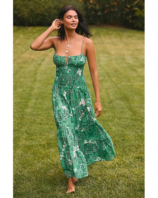 By Anthropologie Green Smocked Drop-waist Tiered Cotton Maxi Dress