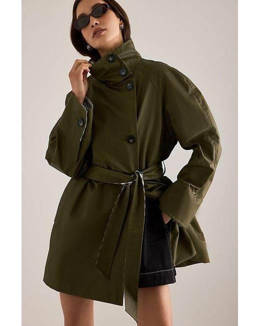 By Anthropologie Green Tie-Waist Waxed Jacket
