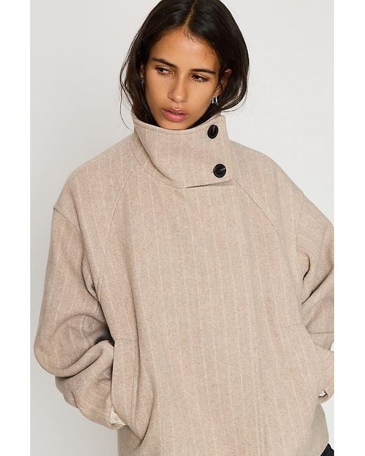 By Anthropologie Blue Funnel-Neck Stripe Wool-Blend Jacket