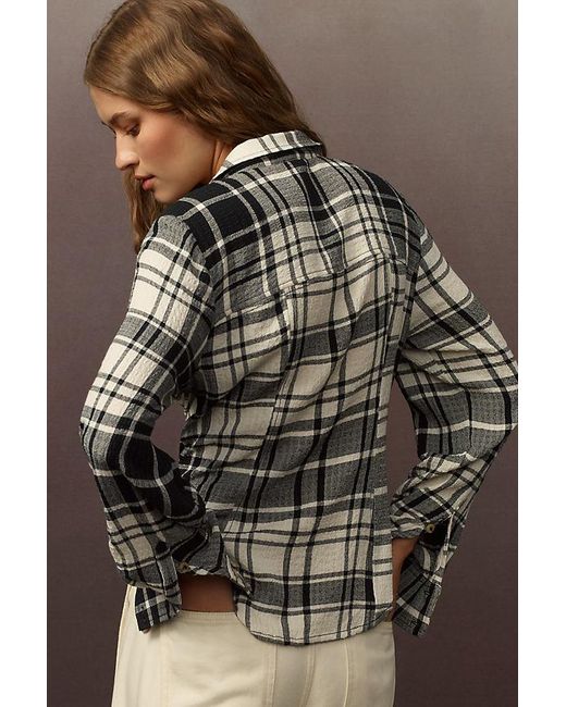 Pilcro Brown Ruched Plaid Long-Sleeve Shirt