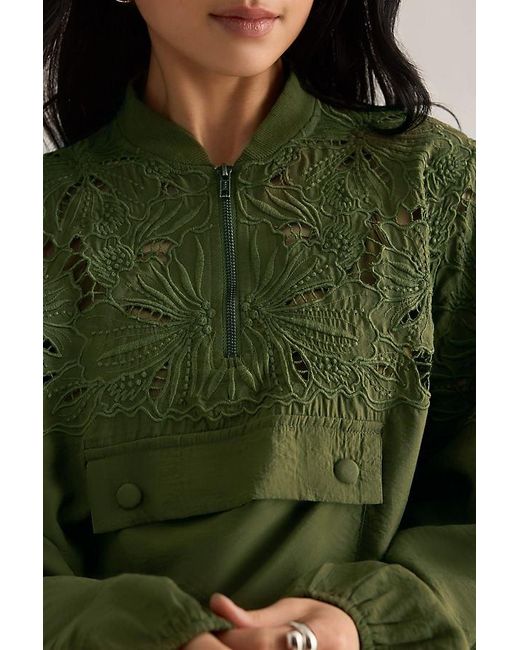 Maeve Green Embroidered Half-Zip Bomber Jacket