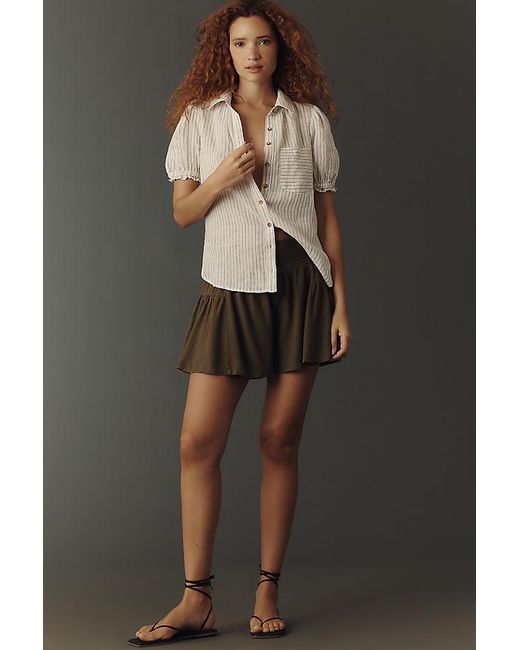 Pilcro Brown The Aly 100% European Linen Puff-Sleeve Blouse