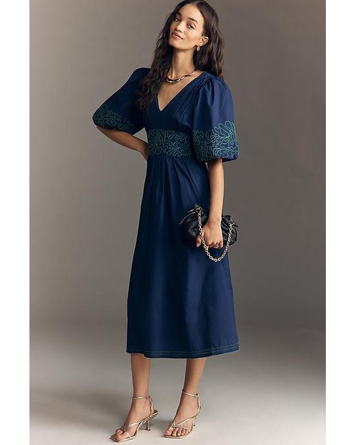 By Anthropologie Blue Puff-Sleeve Embroidered Midi Dress