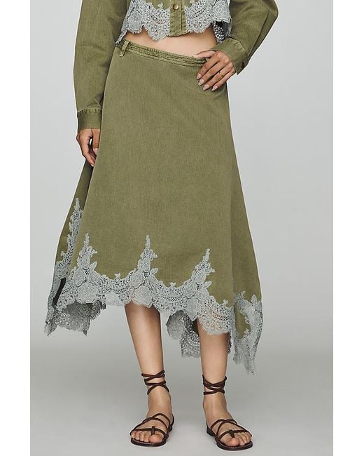 By Anthropologie Green Lace-Trim Utility Midi Skirt