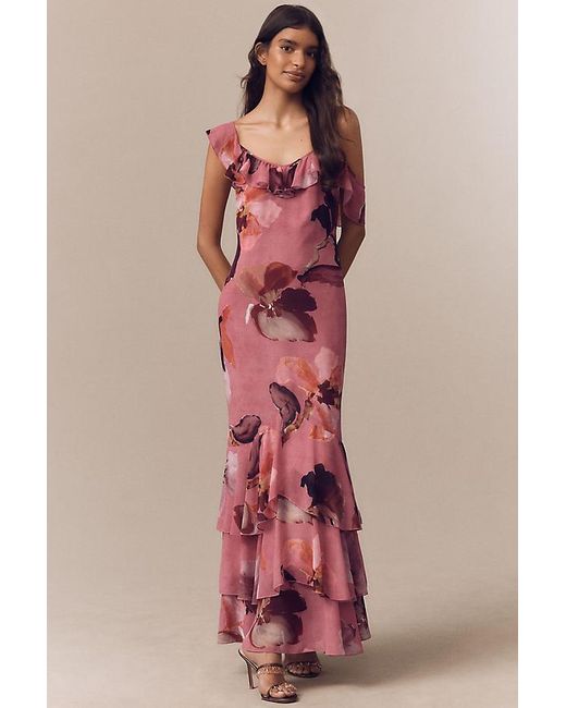 Mare Mare Pink Chiffon Ruffle Scoop-Neck Maxi Slip Dress