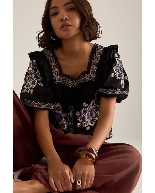 By Anthropologie Black Ruffle Puff-Sleeve Embroidered Blouse