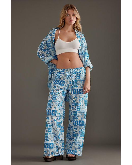 Charlie Holiday Blue Emma Printed Cotton Wide-leg Trousers
