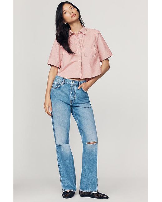 Maeve Pink Merritt Short-Sleeve Cropped Buttondown Shirt By