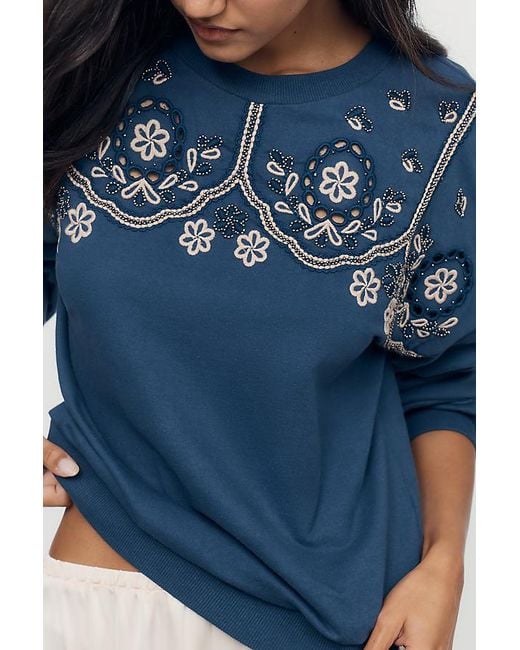 By Anthropologie Blue 100% Cotton Embroidered Sweatshirt