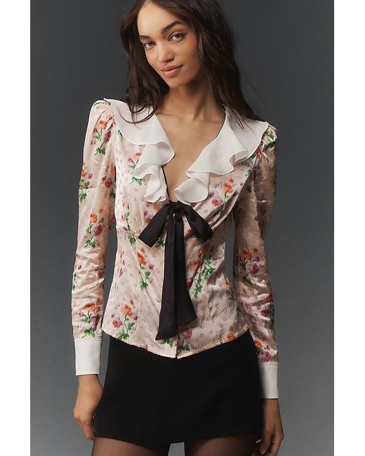 Maeve Black Long-Sleeve Ruffle-Front Blouse