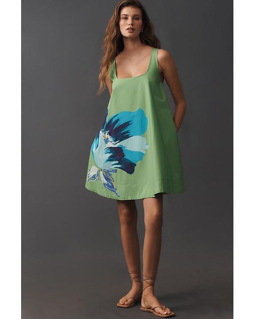 Maeve Gray Square-Neck Cotton Poplin Mini Swing Dress