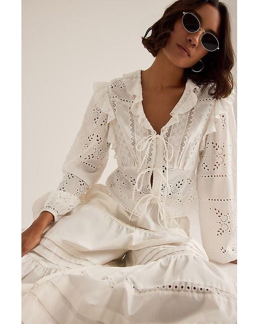 By Anthropologie White Ruffle Embroidered Tie-Front Blouse