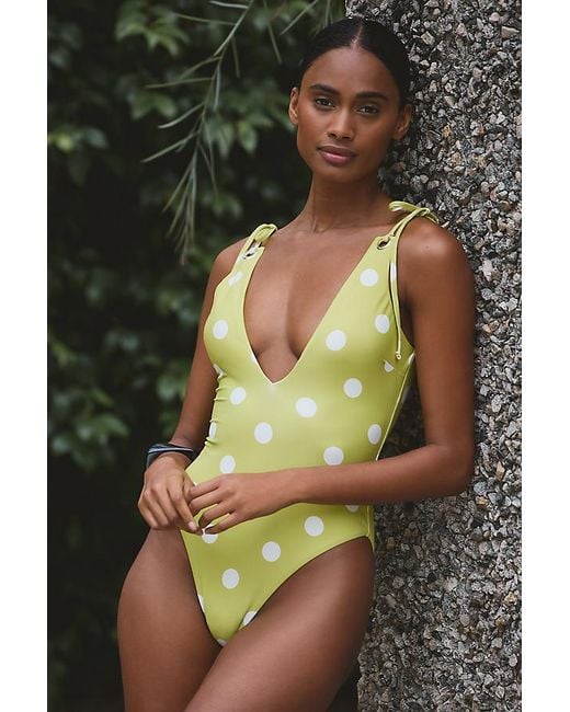 Celandine Green Polka-Dot Plunge One-Piece Swimsuit