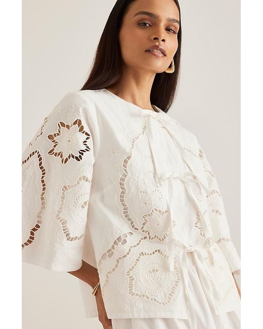 By Anthropologie Natural Cutwork Poplin Tie-Front Blouse