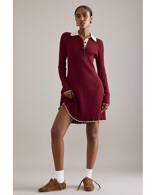 By Anthropologie Red Ribbed Long-Sleeve Mini Dress