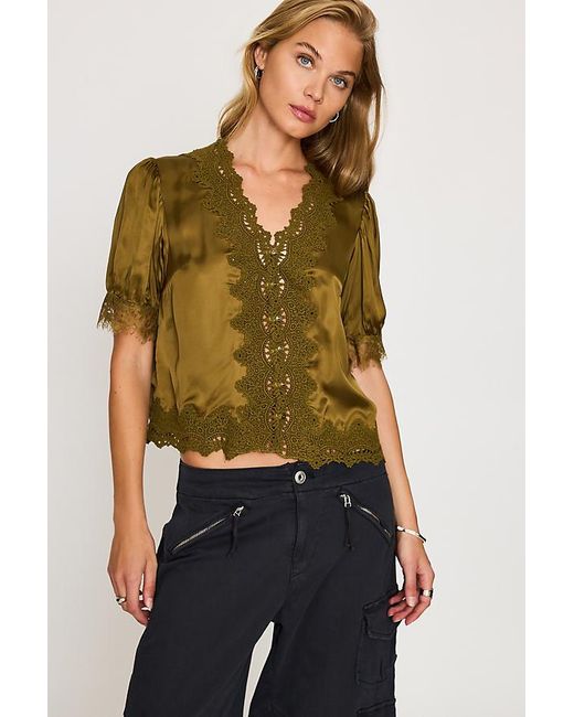 By Anthropologie Brown Stella Satin Lace-Trim Blouse