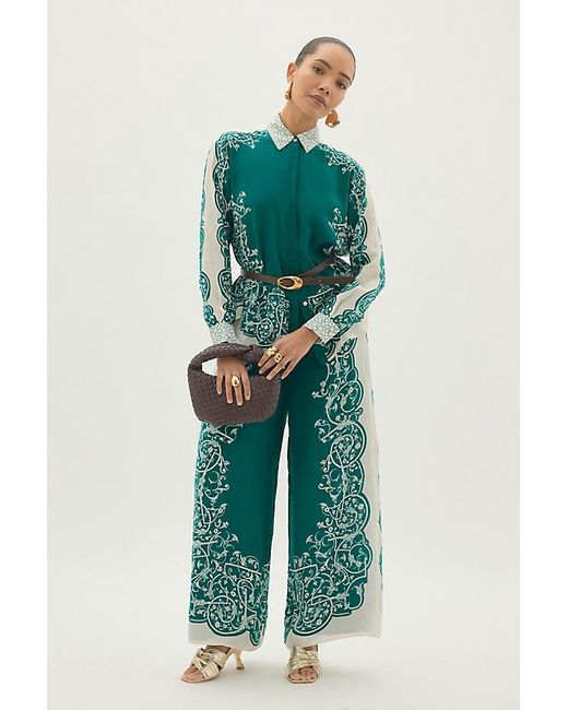 By Anthropologie Green Silky Printed Wide-Leg Trousers