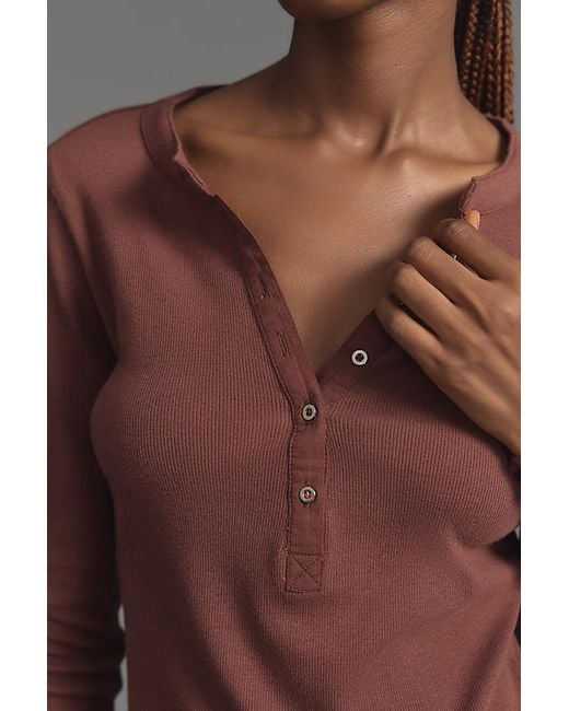 Pilcro Brown Ribbed Long-sleeve Henley Top