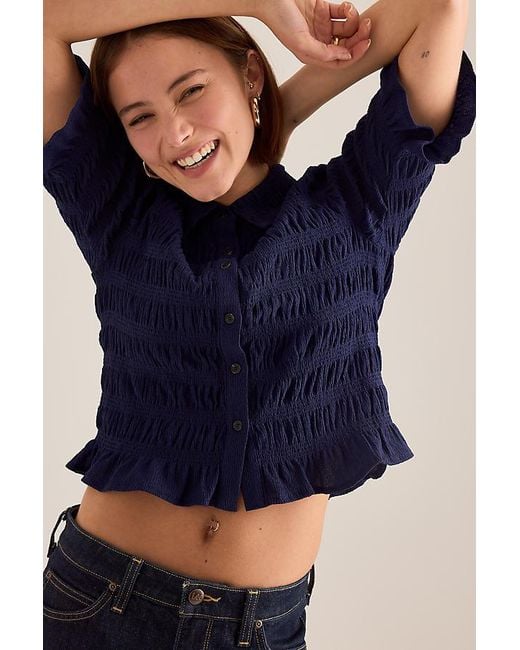 Maeve Blue Ruffle Button-Front Top