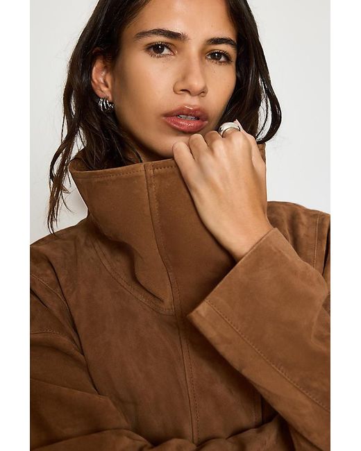 By Anthropologie Brown Suede Funnel-Neck Jacket