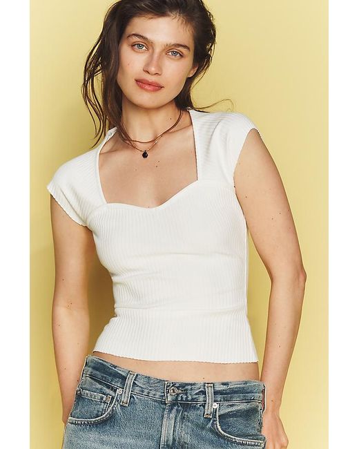 Maeve White Cap-Sleeve Sweetheart Ribbed Top