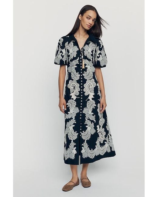 By Anthropologie Blue Button-Front Appliqué Midi Dress