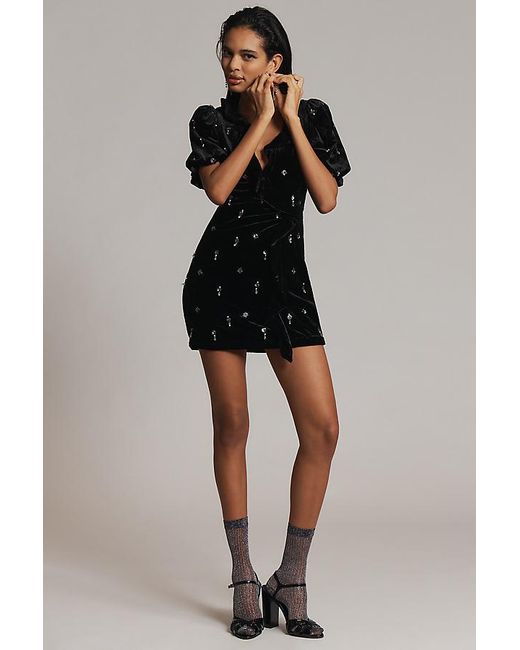 Maeve Short-Sleeve Embellished Velvet Mini Dress in Black | Lyst UK