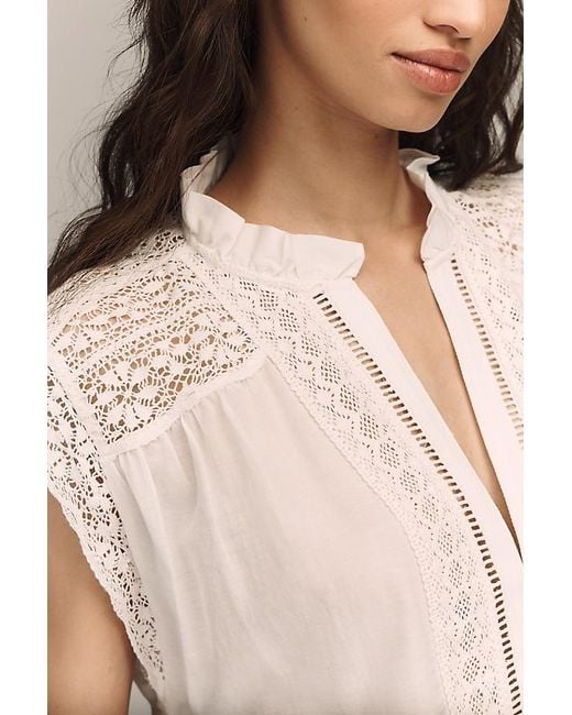 By Anthropologie White Short-Sleeve Lace-Trim Swing Blouse