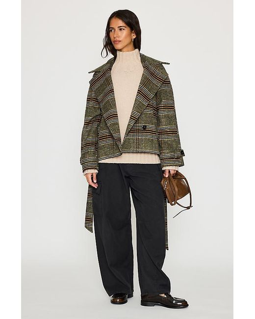 By Anthropologie Green Belted Check Wool-Blend Coat