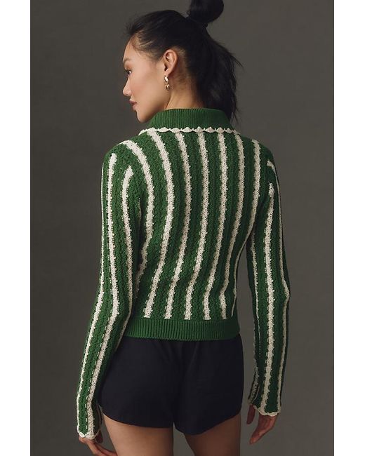 4si3nna Green Collared Crochet Open-stitch Cardigan