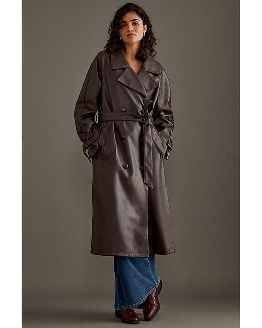 GOOD AMERICAN Brown Uniform Faux-Leather Trench Coat