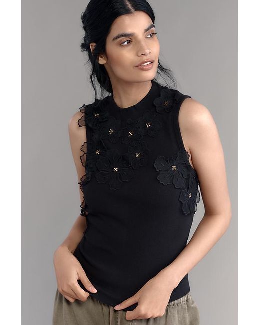 By Anthropologie Black 3D Floral Applique Sleeveless Top