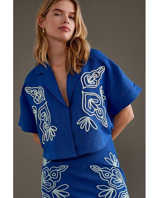 Significant Other Blue Rosslyn Linen-blend Embroidered Shirt