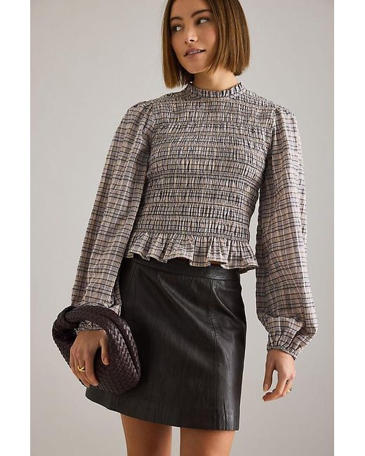 By Anthropologie Brown Long-Sleeve Check Smock Blouse