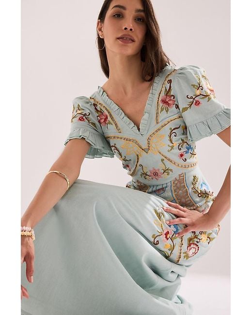 By Anthropologie White Short-Sleeve Embroidered Maxi Dress