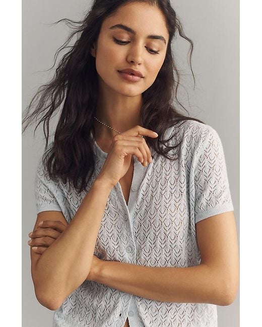 By Anthropologie Gray The Juliet Pointelle Short-Sleeve Cotton-Blend Cardigan
