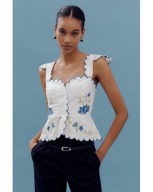 Maeve Blue Ruffle-Strap Scallop Tea Towel Peplum Top
