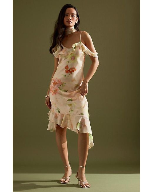 By Anthropologie Green Asymmetric Scarf Ruffle Slip Midi Dress