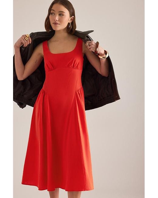 By Anthropologie Red Livy Cotton-Linen Hourglass Midi Dress