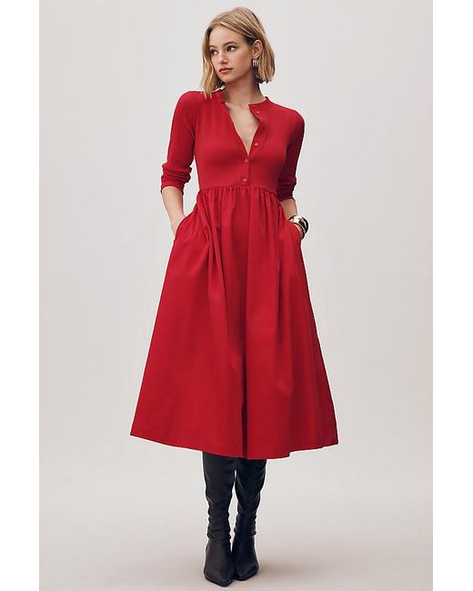 Maeve Red Long-Sleeve Twofer Cardigan Midi Dress