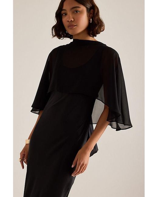 By Anthropologie Black Casey Cape Overlay Satin Midi Dress