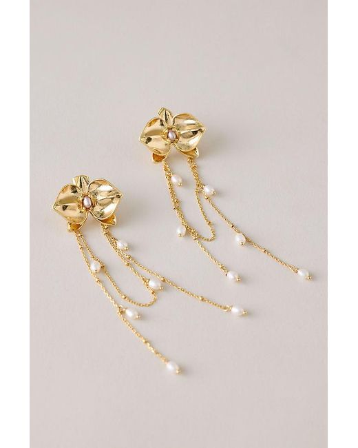 Anthropologie Natural Pearl Tassel Chain Drop Earrings