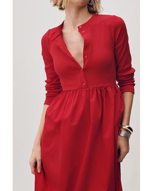 Maeve Red Long-Sleeve Twofer Cardigan Midi Dress