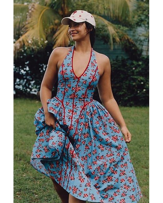 By Anthropologie Blue Halter V-Neck Fit & Flare Midi Dress