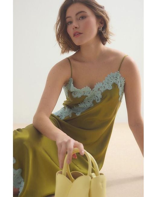 By Anthropologie Green Lace-Trim Satin Slip Dress