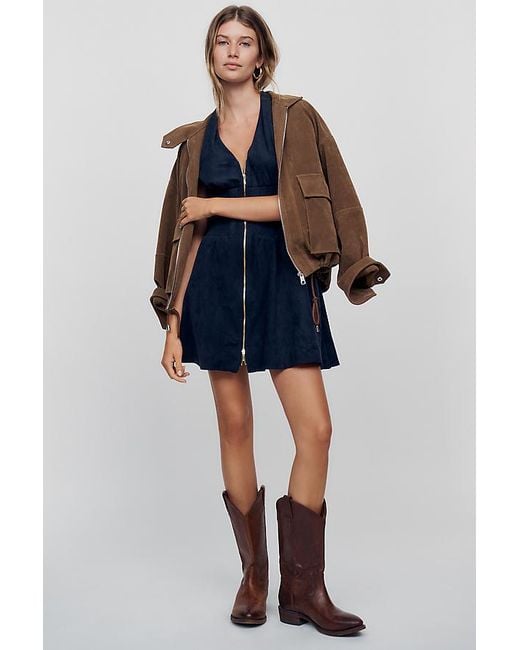 Maeve Blue The Tommie Cap-Sleeve Smocked Front-Zip Shirt Dress: Faux-Suede Edition